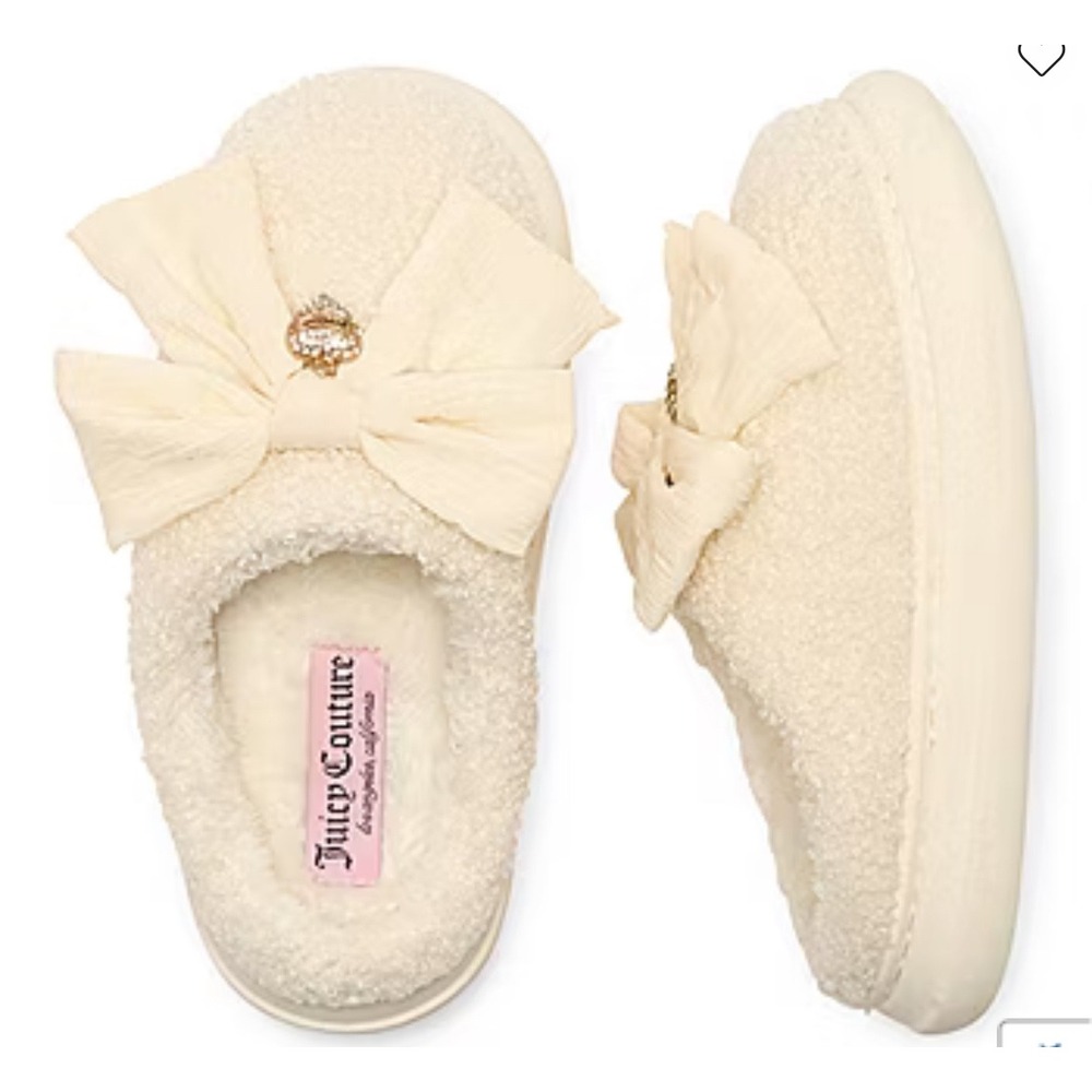 Juicy Couture JC-Chou Light Taupe Sherpa Bow Slippers Rhinestone Heart Large 8-9